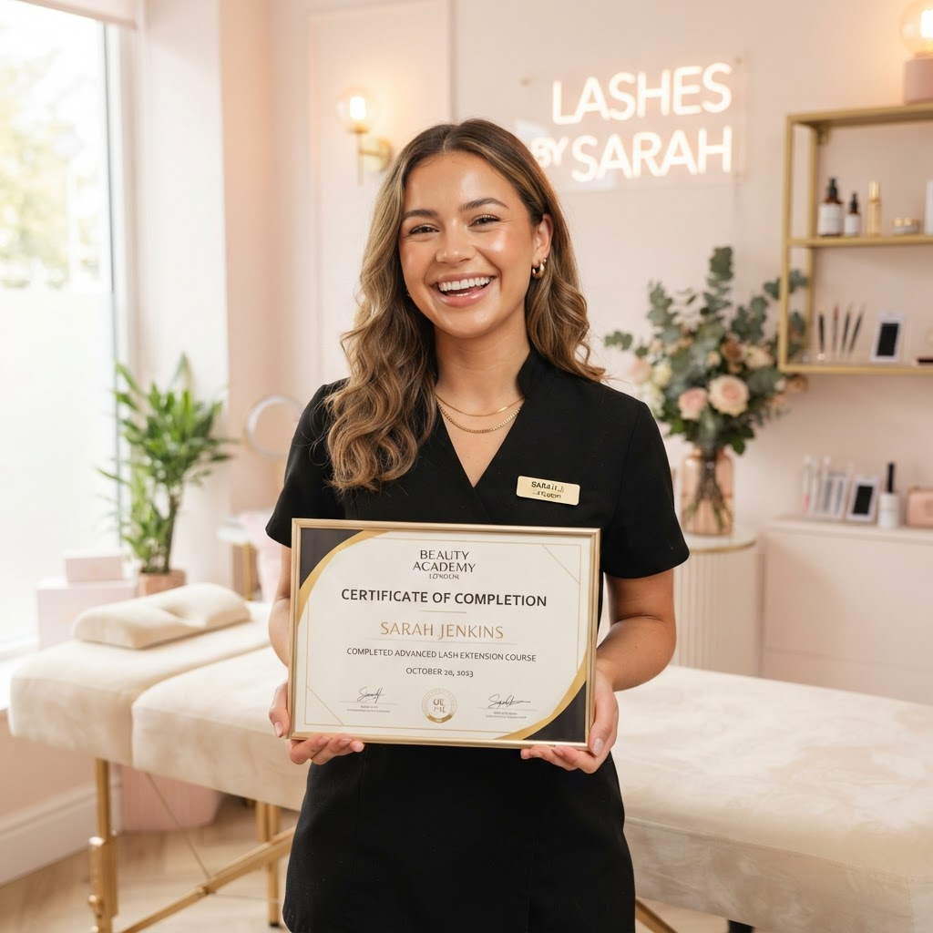 Happy beauty student holding her lash extension course certificate