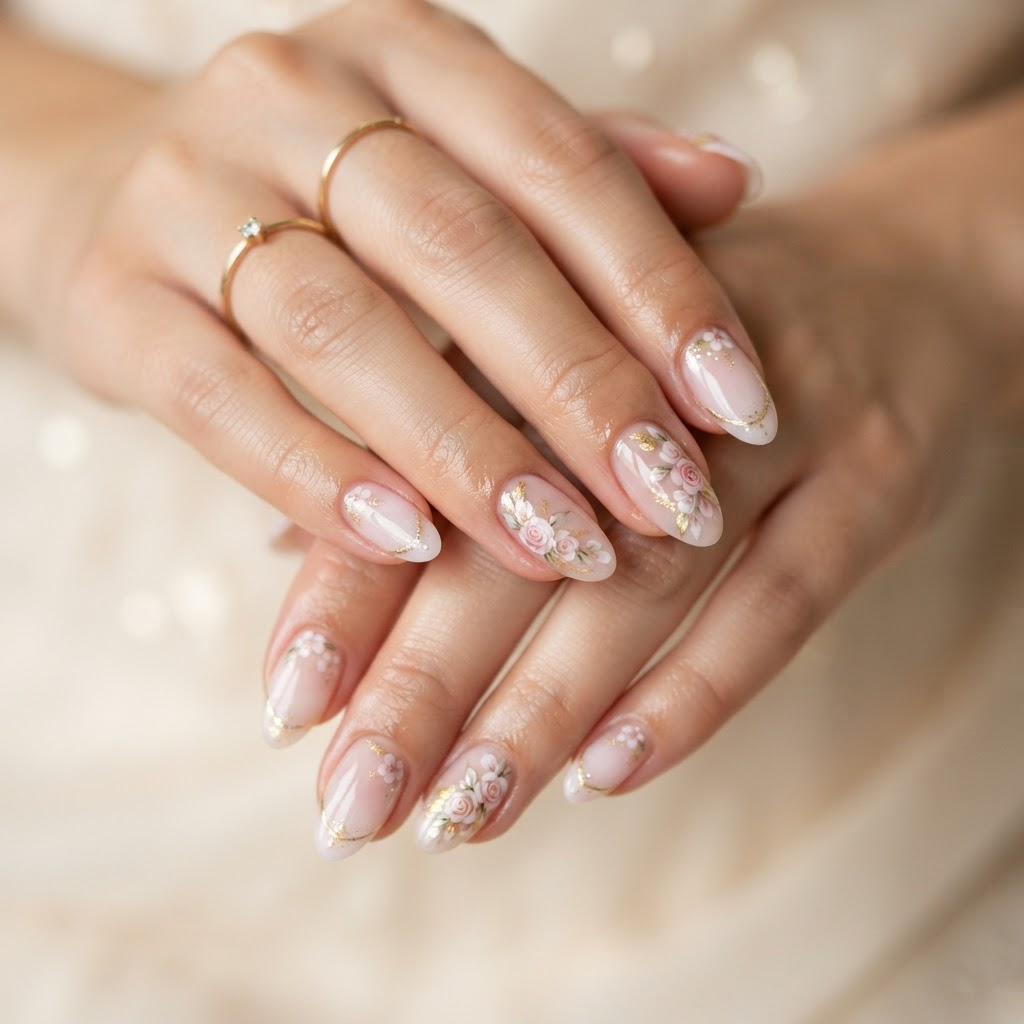 Delicate custom nail art with floral and chrome accents