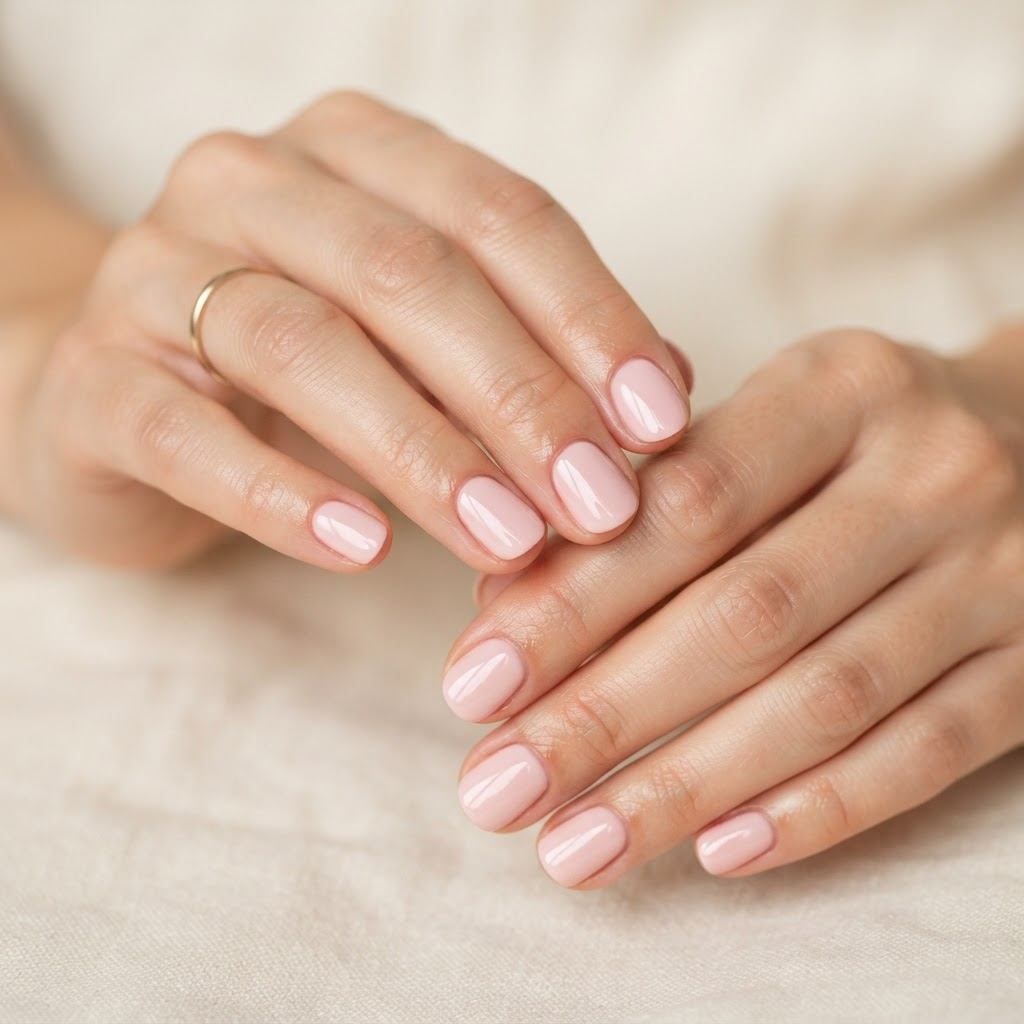 Glossy gel manicure in blush pink