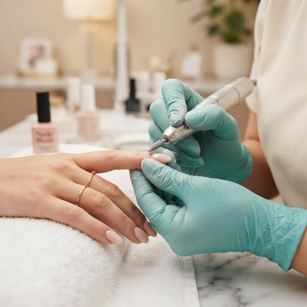 Nail technician performing a gel nail infill